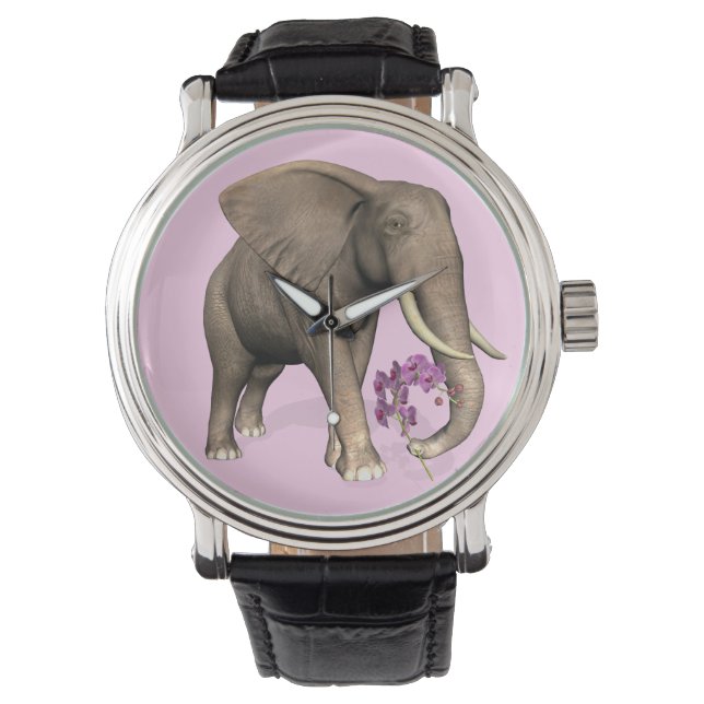 Reloj De Pulsera Elefante Con Orquídea Rosa (Anverso)