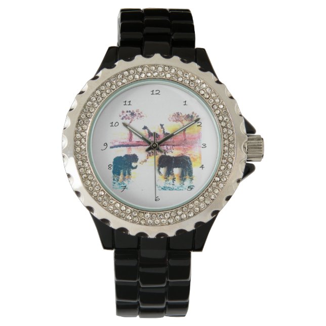 Reloj De Pulsera Elefante de pintura al atardecer de Safari, jirafa (Anverso)