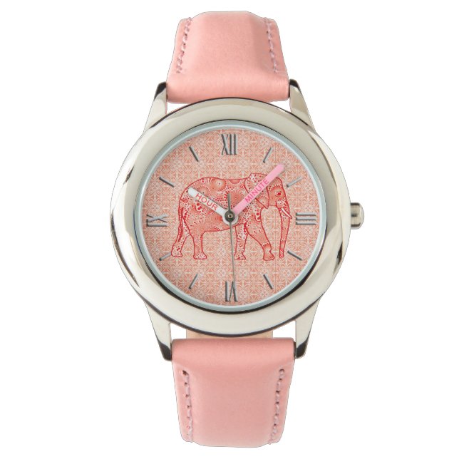 Reloj De Pulsera elefante de remolino fractal - naranja de coral y  (Anverso)