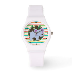 Reloj De Pulsera Elefante; franjas de arcoiris brillantes