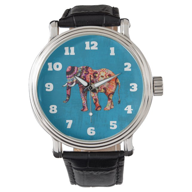 Reloj De Pulsera Elefante multicolor de fondo azul (Anverso)