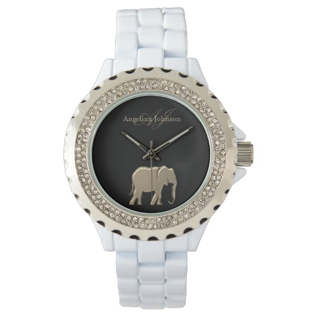 Reloj De Pulsera Elefante Negro y Oro Elegante Monograma Lujoso (Anverso)