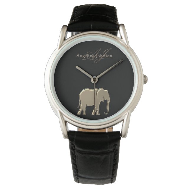 Reloj De Pulsera Elefante Negro y Oro Elegante Monogramado (Anverso)