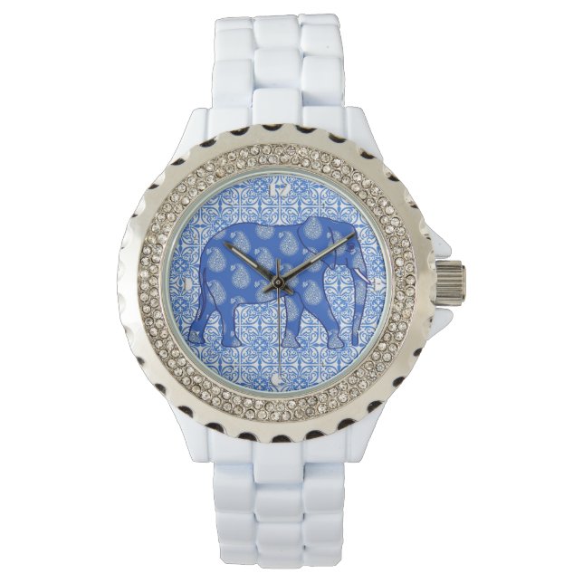 Reloj De Pulsera Elefante paisley - azul cobalto y blanco (Anverso)