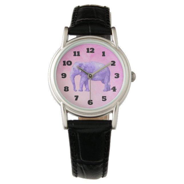 Reloj De Pulsera Elefante púrpura en acuarelas rosadas oníricas (Anverso)