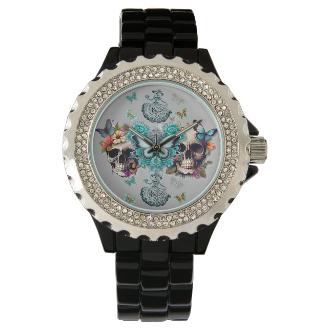 Reloj De Pulsera Elegancia etérea: Skulls y mariposas 🦋 💀 (Anverso)