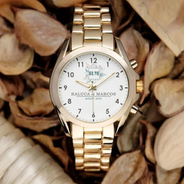 Reloj De Pulsera Elegant Boho Floral Monogram Couple’s Name  (Subido por el creador)