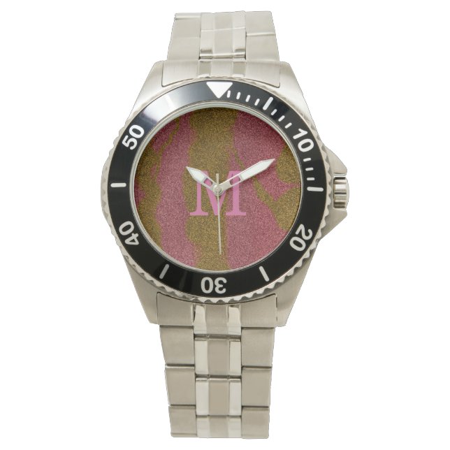 Reloj De Pulsera Elegant Brown Pink Glitter Monogram  (Anverso)