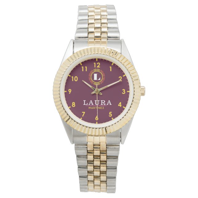 Reloj De Pulsera Elegant Burgundy and Gold Personalized Custom  (Anverso)