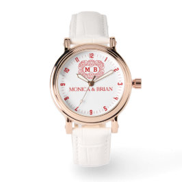 Reloj De Pulsera Elegant Floral Monogram Couple’s Name Red White