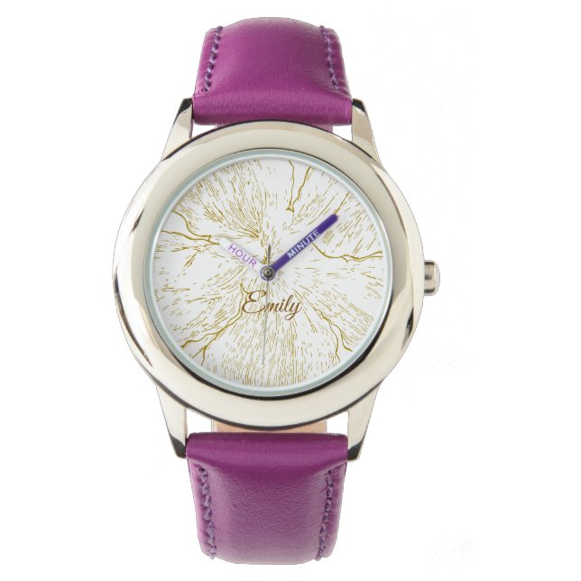 Reloj De Pulsera Elegant Gold Floral Purple Leather Personalized (Anverso)