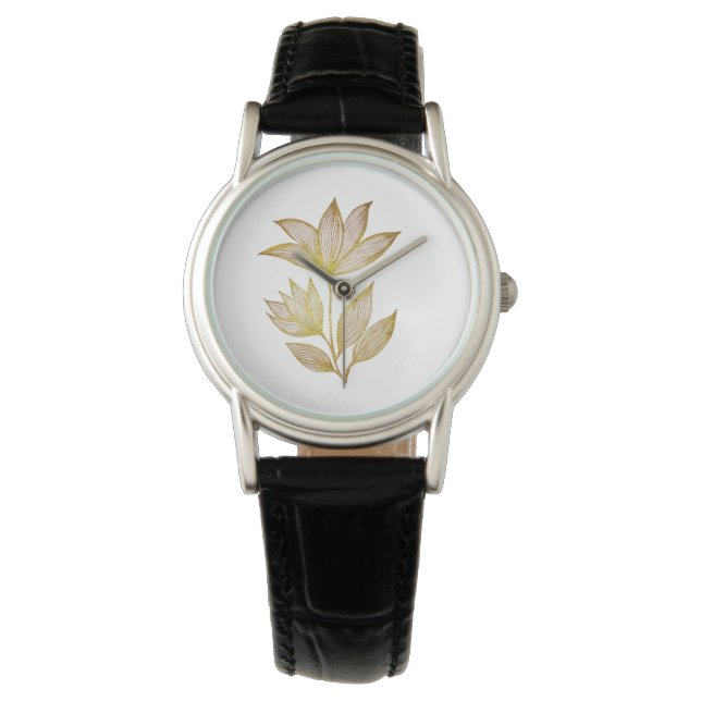 Reloj De Pulsera Elegant Golden Floral Leather  (Anverso)