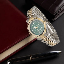 Reloj De Pulsera Elegant Green Dial Chronograph Watch with Black Le