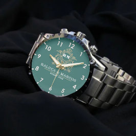 Reloj De Pulsera Elegant Monogram green and gold Couple names