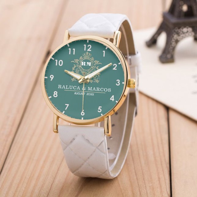 Reloj De Pulsera Elegant Monogram green and gold Couple names (Subido por el creador)