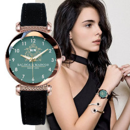 Reloj De Pulsera Elegant Monogram green and gold Couple names