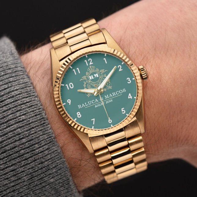 Reloj De Pulsera Elegant Monogram green and gold Couple names (Subido por el creador)