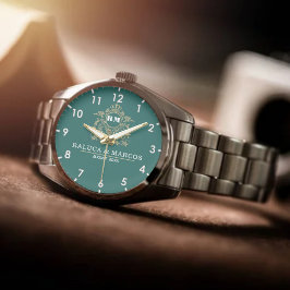 Reloj De Pulsera Elegant Monogram green and gold Couple names