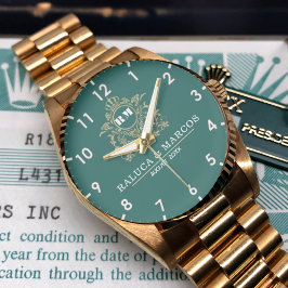 Reloj De Pulsera Elegant Monogram green and gold Couple names