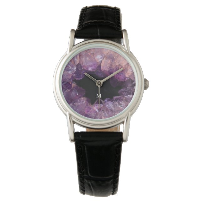 Reloj De Pulsera Elegant purple amethyst mineral pattern monogram (Anverso)