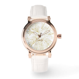 Reloj De Pulsera ​Elegant Rose Gold and White Leather Floral 