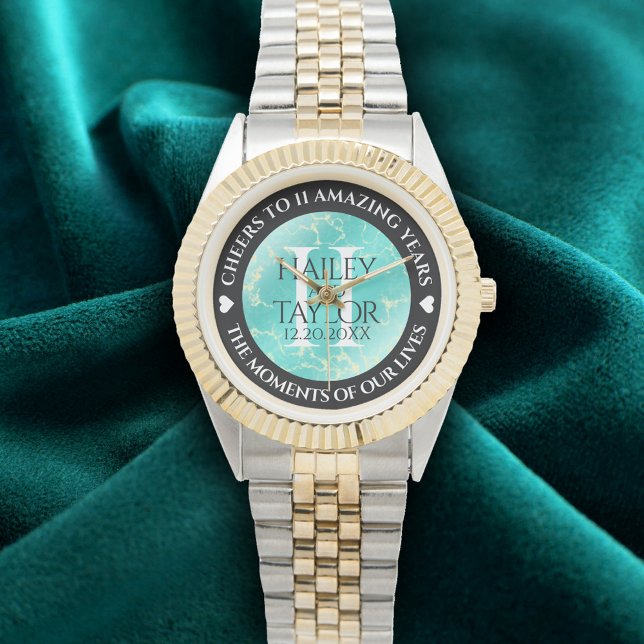 Reloj De Pulsera Elegante 11º Aniversario Boda Turquesa (Elegant 11th Turquoise Wedding Anniversary Wristwatch Cover Photo 2)