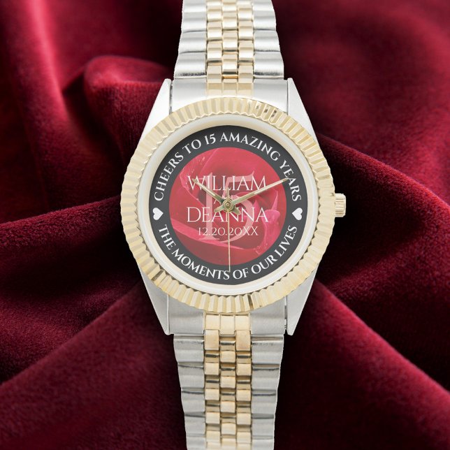 Reloj De Pulsera Elegante 15.º 26.º 36.º Rosa Boda Aniversario (Elegant 15th Rose Wedding Anniversary Wristwatch Cover Photo)