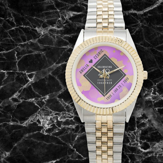 Reloj De Pulsera Elegante 48º Aniversario del Boda Ametista (48th amethyst wedding anniversary wristwatch on a black marble background)