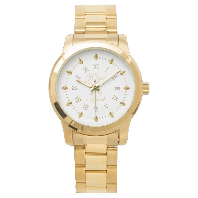 Reloj De Pulsera Elegante 50° Aniversario del Boda Dorado Nombres d (Anverso)