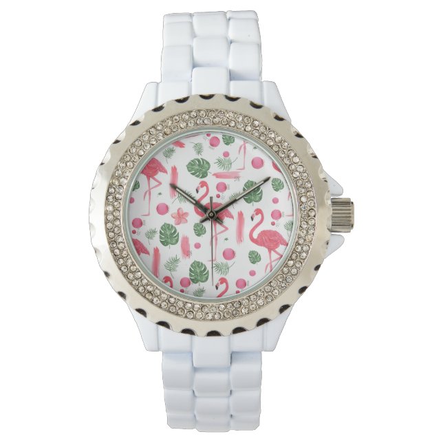 Reloj De Pulsera Elegante acuarela rosa flamígon tropical floral (Anverso)