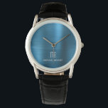 Reloj De Pulsera Elegante azul monogramado cepillado metálico<br><div class="desc">Reloj metálico Cepillado Elegante Azul Monogramado Personalizado.</div>