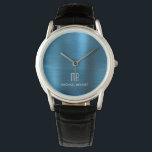 Reloj De Pulsera Elegante azul monogramado cepillado metálico<br><div class="desc">Reloj metálico Cepillado Elegante Azul Monogramado Personalizado.</div>
