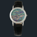 Reloj De Pulsera Elegante Bonito Azul Metalizado Flores Arte<br><div class="desc">Arte metalizado elegante con flores azules. Aspecto de vidrio manchado.</div>