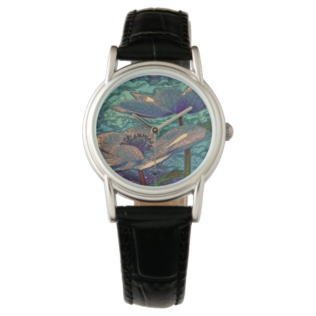 Reloj De Pulsera Elegante Bonito Azul Metalizado Flores Arte (Anverso)