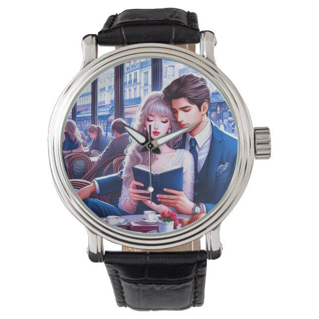 Reloj De Pulsera Elegante Cafe Parisiense Fecha: Un Escape Romántic (Anverso)