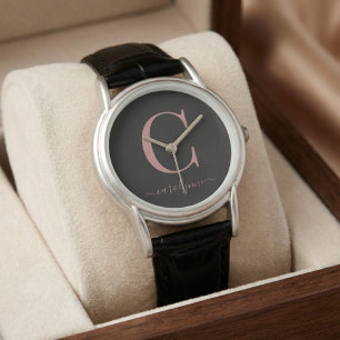 Reloj De Pulsera Elegante Caligrafía de Monograma en Negro y Rosa D
