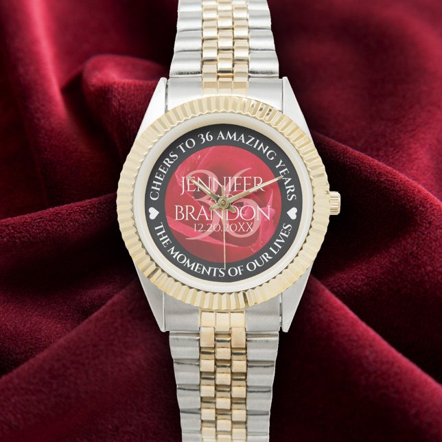 Reloj De Pulsera Elegante celebración del 36° Aniversario Rosa Boda (Elegant 36th Rose Wedding Anniversary Wristwatch Cover Photo)