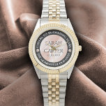 Reloj De Pulsera Elegante celebración del 46° Aniversario de la Bod<br><div class="desc">¡Celebremos el 46 aniversario del boda de perlas con este reloj conmemorativo! Las elegantes letras con perlas en un fondo color rosa chillón añaden un toque memorable a esta ocasión especial y un hito extraordinario. Personalizar con nombres de pareja, fechas de matrimonio y mensajes de felicitación. Diseño © W.H. Sim....</div>