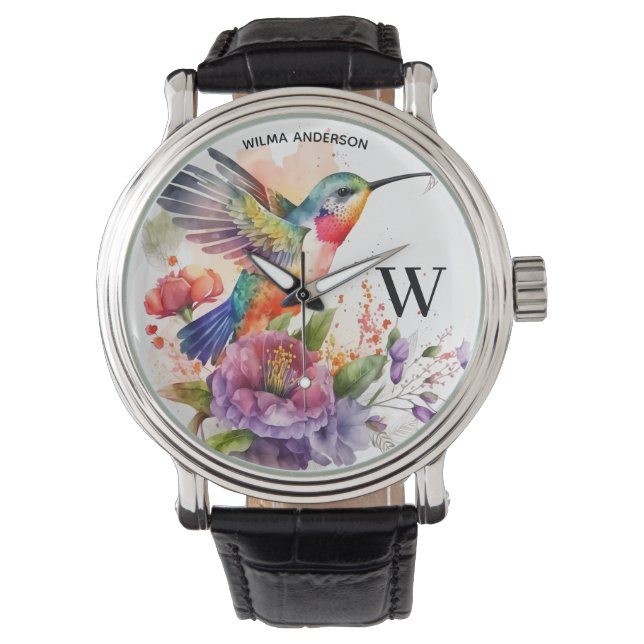 Reloj De Pulsera Elegante Colibrí Colibrí Monograma Con Nombre (Anverso)