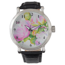 Reloj De Pulsera Elegante color de agua floral de peonia blanca ros