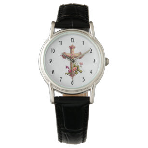 Reloj De Pulsera Elegante cruz de madera con flores rosas