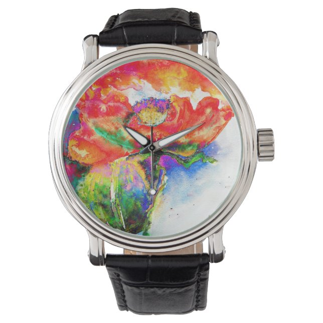 Reloj De Pulsera Elegante cuadro de acuarela floral rojo (Anverso)