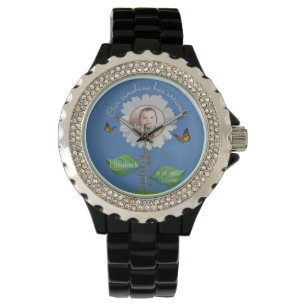 Reloj De Pulsera Elegante Daisy Blue Floral Cute Baby Photo & Name