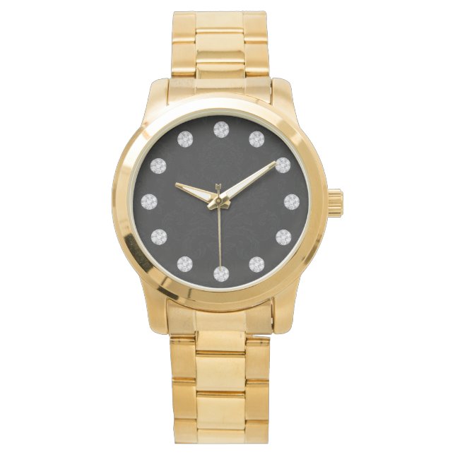 Reloj De Pulsera Elegante Damasco Negro Y Diamante (Anverso)