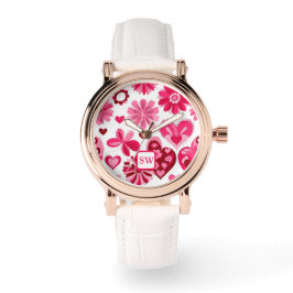Reloj De Pulsera Elegante de color rosa grisáceo, corazones florale