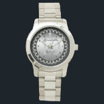 Reloj De Pulsera Elegante décimo aniversario de plata y diamantes<br><div class="desc">La elegancia ostentosa enmarca este diseño boda de aniversario en un diseño único de diamante de vieiras con rombo central con chispas falsas añadidas. Diseño original de Holiday Hearts Designs (todos los derechos reservados). Si necesita asistencia para el diseño a su personalizar para sus necesidades únicas, por favor envíenos un...</div>