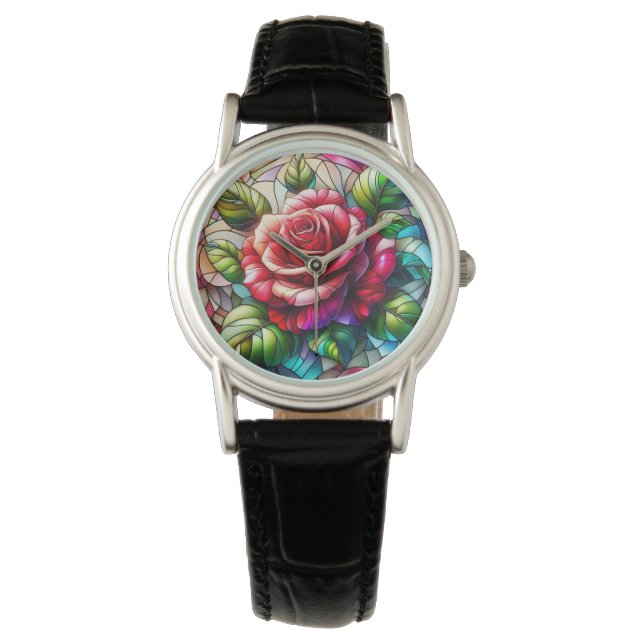 Reloj De Pulsera Elegante efecto de vidrio manchado de Rosa (Anverso)