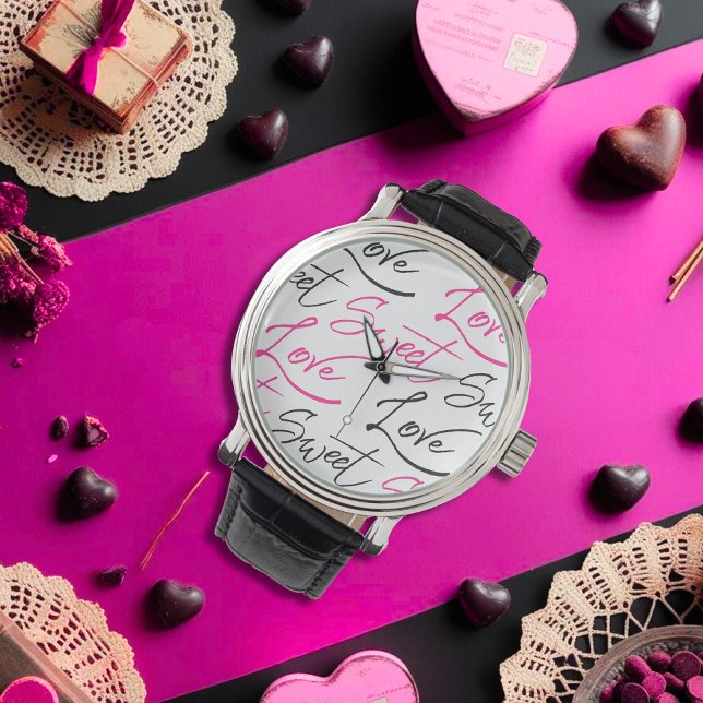 Reloj De Pulsera Elegante estilo negro y rosado de amor y dulce (Elegant Black and Pink Love and Sweet Design Watch)