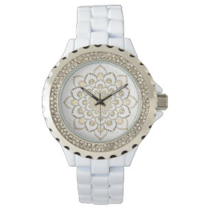 Reloj De Pulsera Elegante flor de mandarala dorada y blanca