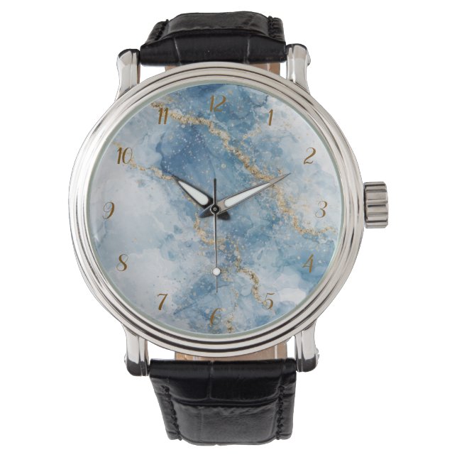 Reloj De Pulsera Elegante flujo abstracto de brillo azul dorado (Anverso)